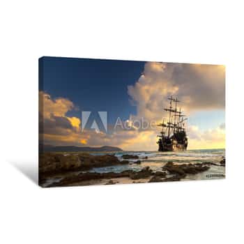 Image of Old Ship Silhouette In Sunset Scenery, Italy Canvas Print