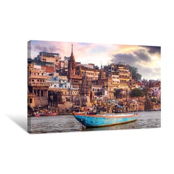 Image of Varanasi City With Ancient Architecture  View Of The Holy Manikarnika Ghat At Varanasi India At Sunset Canvas Print