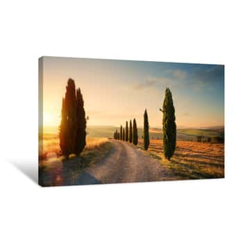 Image of Italy Tuscany Countryside Rolling Hills; Summer Farmland And Country Road; Canvas Print