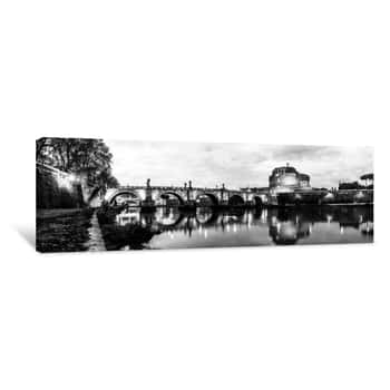 Image of Panoramic Black And White Night View Of Castle Saint Angelo In Rome, Italy Canvas Print
