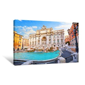 Image of Trevi Fountain In Rome, Italy  Ancient Fountain  Roman Statues At Piazza In Old Medieval City Among Traditional Italian Houses And Street Lamps  Famous Landmark  Touristic Destination For Vacation Canvas Print