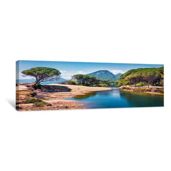Image of Panoramic Morning View Of Osala Beach  Colorful Spring Scene Of Sardinia Island, Italy, Europe  Beautiful Seascape Of Mediterranean Sea  Traveling Concept Background Canvas Print