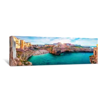 Image of Panoramic Spring Cityscape Of Polignano A Mare Town, Puglia Region, Italy, Europe  Marvelous Evening View Of Adriatic Sea  Traveling Concept Background Canvas Print