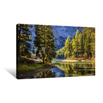 Image of Braies Lake, Dolomites, Trentino Alto Adige, Italy Canvas Print
