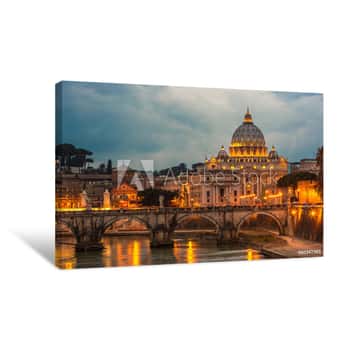 Image of Vatican And River Tiber In Rome - Italy At Night Canvas Print