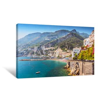 Image of View Of The Beautiful Town Of Amalfi At Famous Amalfi Coast With Gulf Of Salerno, Campania, Italy Canvas Print