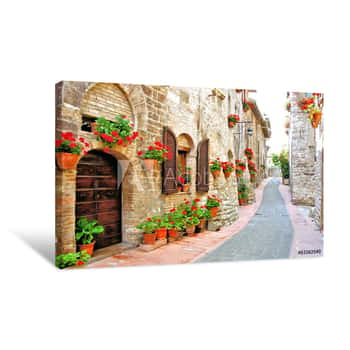 Image of Picturesque Lane With Flowers In An Italian Hill Town Canvas Print