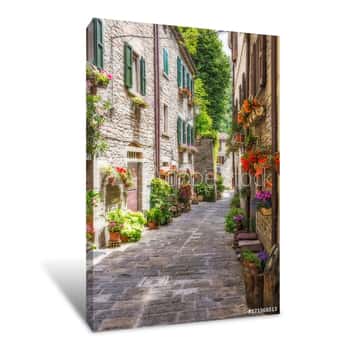 Image of Narrow Old Street With Flowers In Italy Canvas Print