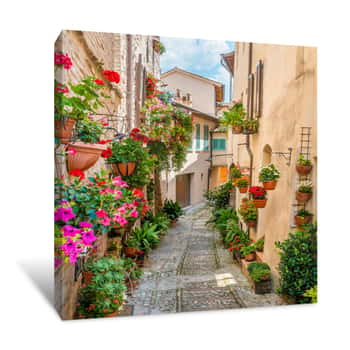 Image of Scenic Sight In Spello, Flowery And Picturesque Village In Umbria, Province Of Perugia, Italy Canvas Print