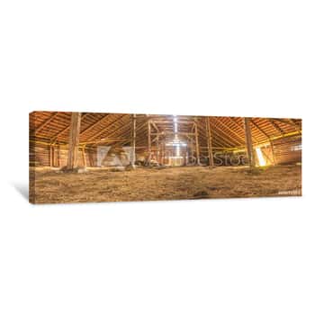 Image of Panorama Interior Of Old Farm Barn With Straw Canvas Print