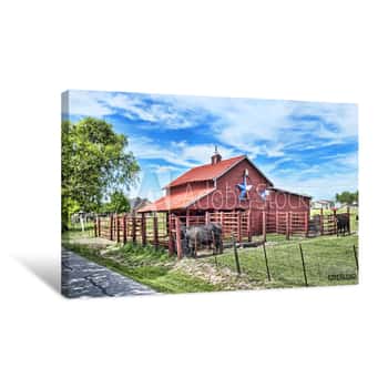 Image of Old Red Barn With Cattle Canvas Print