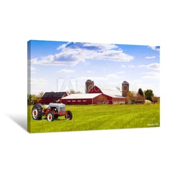 Image of Traditional American Red Farm With Tractor Canvas Print