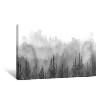 Image of Watercolor Picture Of Mountains, Rocks, Peaks  Coniferous Forest, Pine, Spruce, Fir, Cedar  Black Silhouettes  Abstract Vintage Spots Of Black, White  Postcard, Logo, Poster  Splash Of Paint Canvas Print