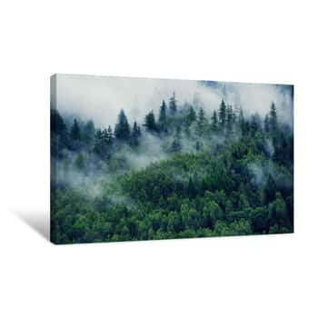 Image of Misty Landscape With Fir Forest  Morning Fog In The Mountains  Beautiful Landscape With Mountain View And Morning Fog Canvas Print