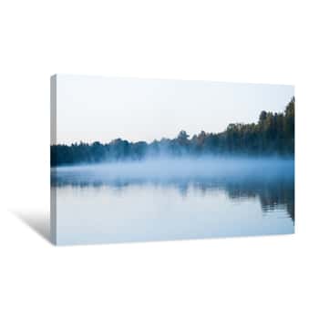 Image of Wide Shot Of A Beautiful Lake With A Light Fog Forming Above It Canvas Print