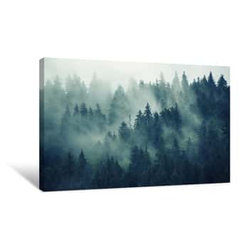 Image of Misty Landscape With Fir Forest In Hipster Vintage Retro Style Canvas Print