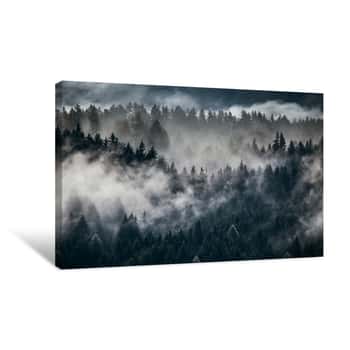 Image of Dense Morning Fog In Alpine Landscape With Fir Trees And Mountains Canvas Print