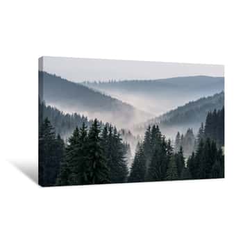 Image of Foggy Landscape  View From Mountains To The Valley Covered With Foggy Canvas Print