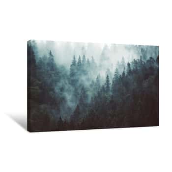 Image of Misty Landscape With Fir Forest In Hipster Vintage Retro Style Canvas Print