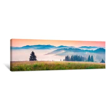 Image of Foggy Morning Panorama Of Mountains Valley  Picturesque Summer Sunrise In Carpathian Mountains, Rika Village Location, Transcarpathian, Ukraine, Europe  Beauty Of Nature Concept Background Canvas Print