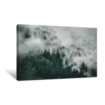 Image of View Of Foggy Mountains  Trees In Morning Fog Canvas Print