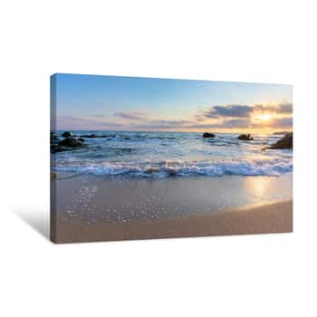 Image of Sunrise On The Beach  Beautiful Summer Scenery  Rocks On The Sand  Calm Waves On The Water  Clouds On The Sky  Wide Panoramic View Canvas Print