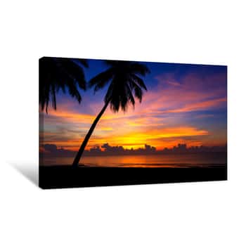Image of Sunrise And Silhouette Coconut On Beach Canvas Print