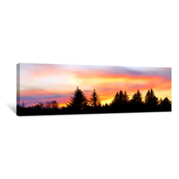 Image of Panorama Of A Colorful Sunset Behind Silhouetted Forest Trees In Alaska Canvas Print