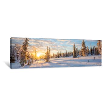 Image of Snowy Panoramic Landscape At Sunset, Frozen Trees In Winter In Saariselka, Lapland, Finland Canvas Print