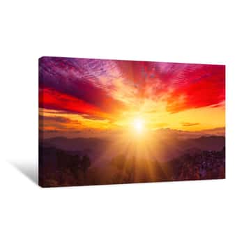 Image of Amazing Mountain Landscape With Colorful Vivid Sunset On The Bright Sky, Natural Outdoor Travel Background Canvas Print