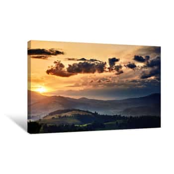 Image of Wildflowers, Meadow And Golden Sunset In Carpathian Mountains - Beautiful Summer Landscape, Spruces On Hills, Dark Cloudy Sky And Bright Sunlight Canvas Print