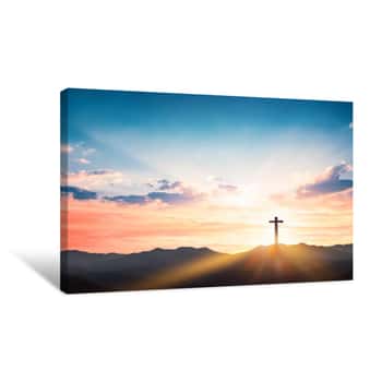 Image of Silhouette Cross On Mountain Sunset Background Canvas Print