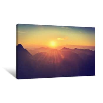 Image of Summer Mountain Landscape At Sunset  Sun And Peaks In High Tatra Mountains, Poland Canvas Print