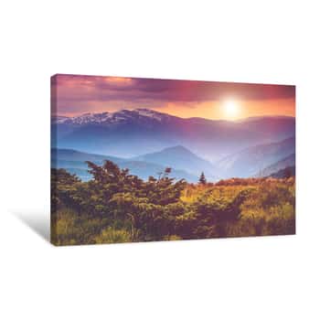 Image of Colorful Sunset In The Mountains Landscape Dramatic Overcast Sky Canvas Print