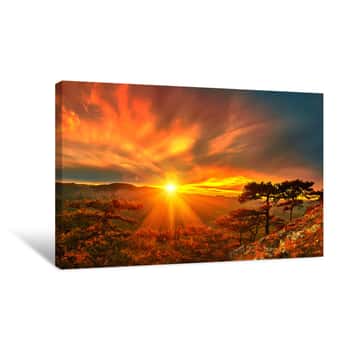 Image of Mountain Sunset And Colored Sky With Clouds Canvas Print