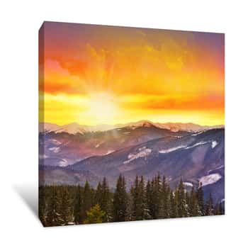 Image of Majestic Sunset In The Mountains Landscape With Sunny Beams Canvas Print