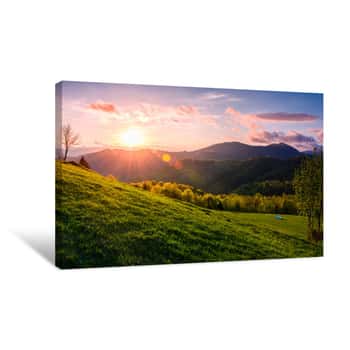 Image of Pink Sunset Over The Mountains In Springtime  Gorgeous Carpathian Countryside  Beautiful Rural Scene With Fields And Trees Canvas Print