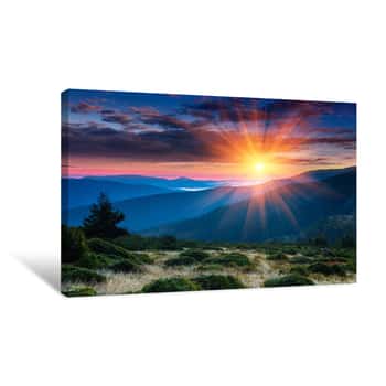 Image of Panoramic View Of Colorful Sunrise In Mountains  Concept Of The Awakening Wildlife, Romance,emotional Experience In Your Soul, Joy In Mundane Life Canvas Print