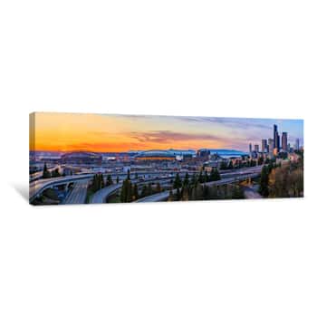 Image of Seattle Downtown Skyline Panorama At Sunset From Dr  Jose Rizal Or 12th Avenue South Bridge With Traffic Trail Lights Canvas Print