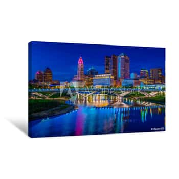 Image of Columbus Ohio Reflected In Scioto River At Sunset Canvas Print