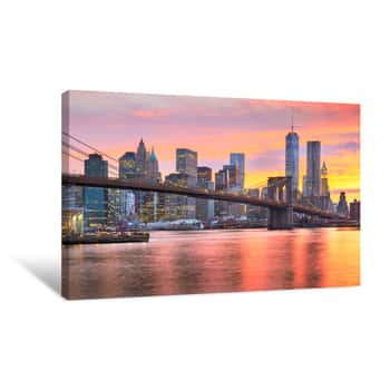 Image of Lower Manhattan Skyline And Brooklyn Bridge Canvas Print
