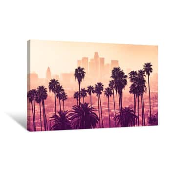 Image of Los Angeles Skyline With Palm Trees In The Foreground Canvas Print