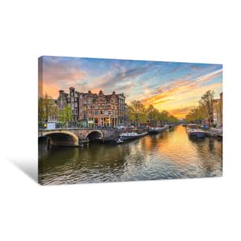 Image of Amsterdam Sunset City Skyline At Canal Waterfront, Amsterdam, Netherlands Canvas Print