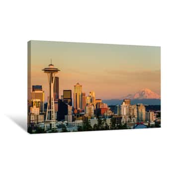 Image of Sunset Over Seattle And Mount Rainier Canvas Print