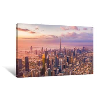Image of Aerial View Of Burj Khalifa In Dubai Downtown Skyline And Highway, United Arab Emirates Or UAE  Financial District And Business Area In Smart Urban City  Skyscraper And High-rise Buildings At Sunset Canvas Print