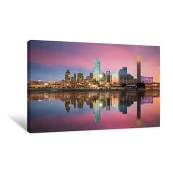 Image of Dallas Skyline Reflected In Trinity River At Sunset Canvas Print