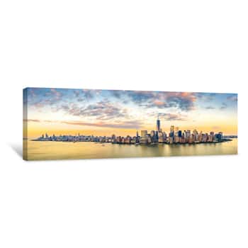 Image of Aerial Panorama Of New York City Skyline At Sunset With Both Midtown And Downtown Manhattan Canvas Print