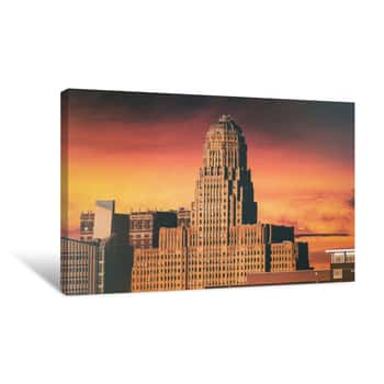 Image of Buffalo City Hall Sunset  Buffalo City Hall And The Buffalo, New York Skyline During Sunset  Edited With A Vintage Look Canvas Print