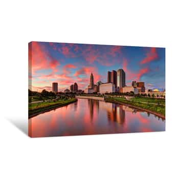 Image of Evening Columbus Ohio Skyline Along The Scioto River At Dusk Canvas Print