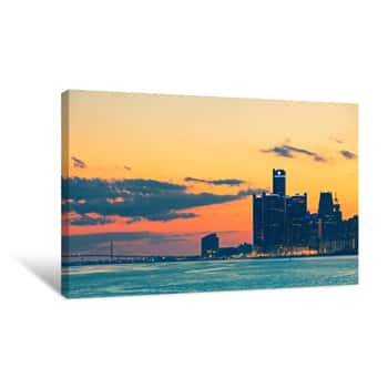 Image of Skyline Of Detroit Michigan At Sunset Canvas Print
